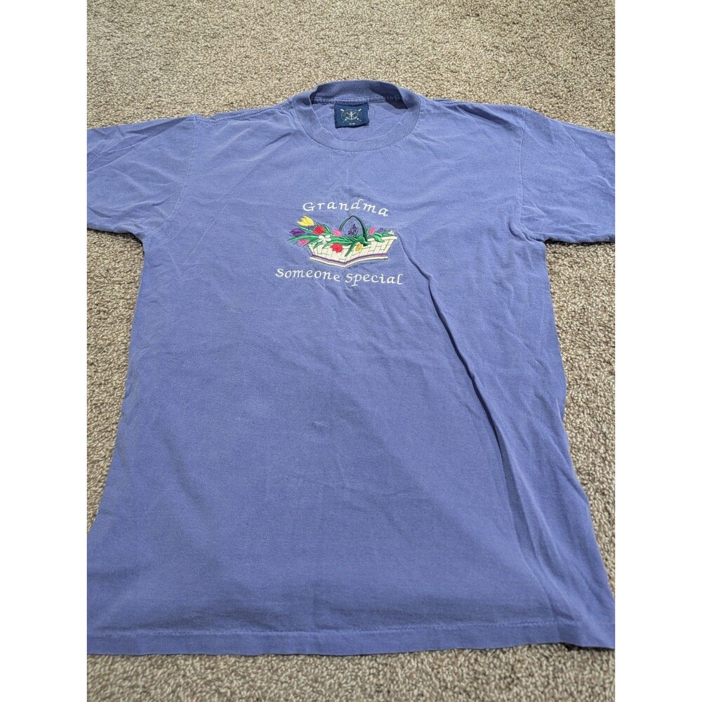 Women's Vintage Grandma Purple Short Sleeve Embroidered T-shirt Flowers Size S/M